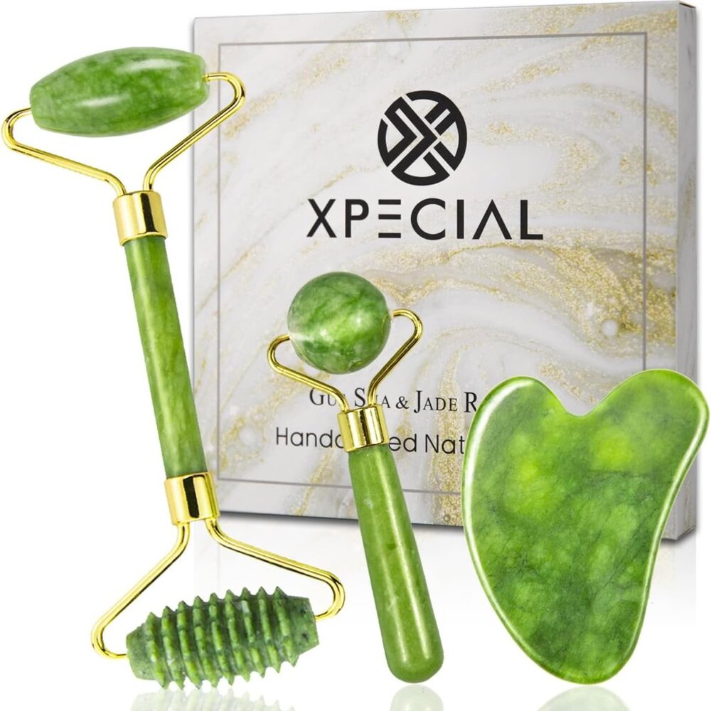 Gua Sha & Jade Roller 3 in 1, Face Roller, Guasha Facial Massage Skin Care Tool